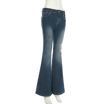 Flare Pants Jeans Women Embroidery Boot Cut Low Waist Washed Distressed Pockets Floor Length Streetwear 2025 Denim Trousers