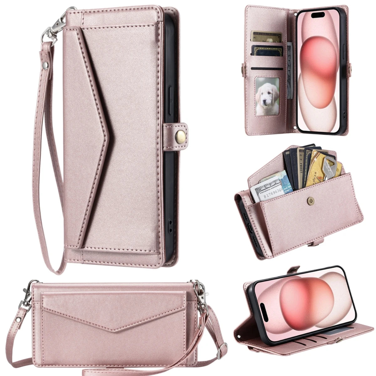 Crossbody Leather Wallet Case For iPhone17 16 Pro Air 16E 15 14 13 12 11 Pro Max XS XR SE 8 7 Card Solt Pocket Shoulder Cover