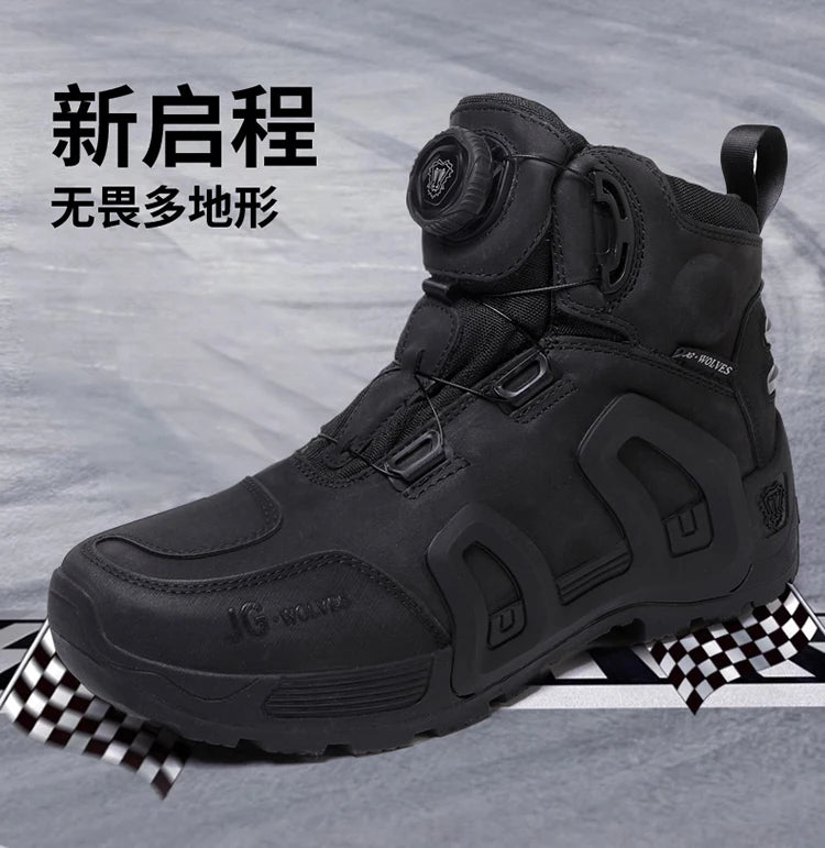Men Motorcycle Riding Boots Waterproof Cowhide Leather Breathable Anti-Slip Wear-Resistant Street Moto Shoes
