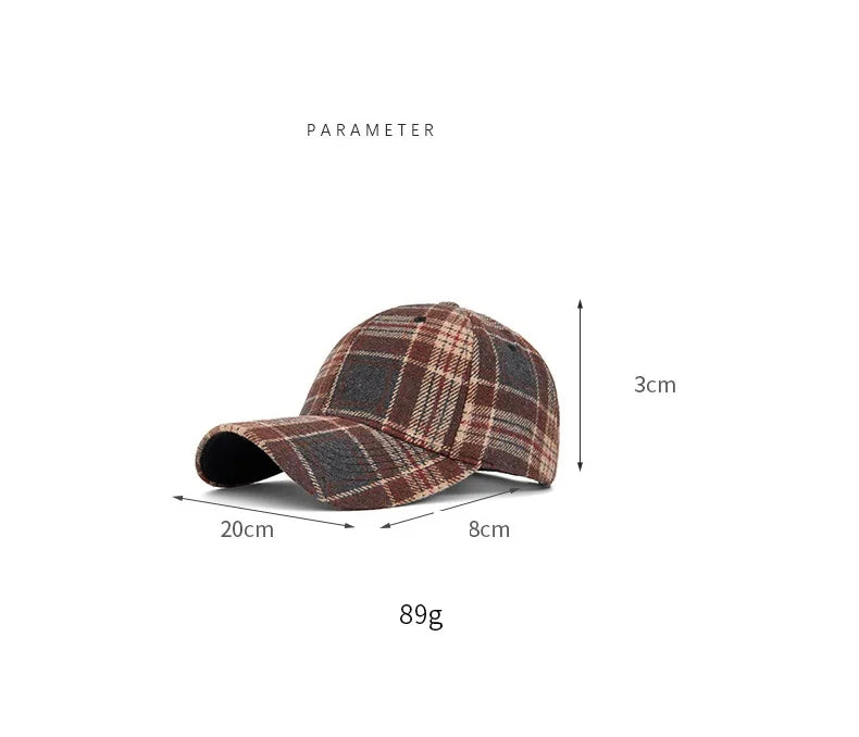 Hats for Men and Women New Classic Plaid Baseball Cap for Autumn and Winter Hard-Brimmed Face-Slimming Duckbill Cap Sun Hat