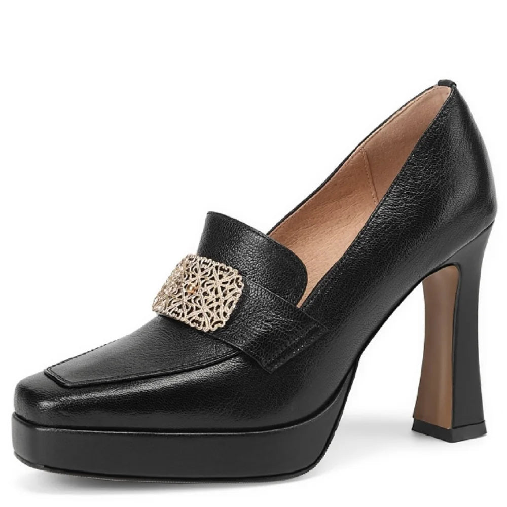 【JOCHEBED HU】Brand Genuine Leather Platform Shoes for Ladies Square Toes Women's Sewing Lines High Heels Leather