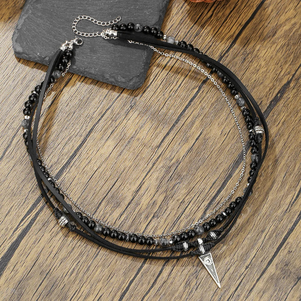 Retro Men Multilayer Leather Necklace Black Agate Beaded Necklace Bohemian Party Jewelry Accessories Gifts