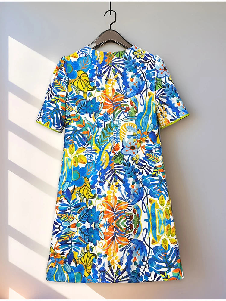 2026 Printed Beaded Dress Women Short Sleeve O Neck a Line Dress Elegant Fashion Summer Ladies Casual Party Midi Dress
