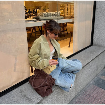 Women Khaki Cropped Bomber Jacket Chic Lapel Zipper Pocket Long Sleeve Short Coat Casual 2026 New Lady Street Daily Crop Outwear
