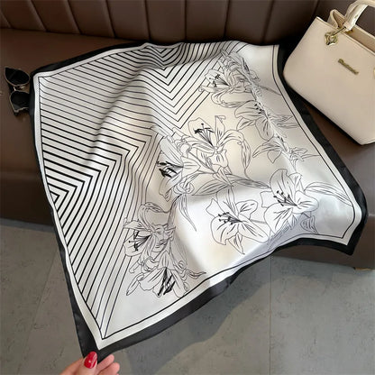 2025 New Fashion Women Silk Scarf 70cm Square Scarves Floral Print Bandana Neckerchief Hijab Lady Luxury