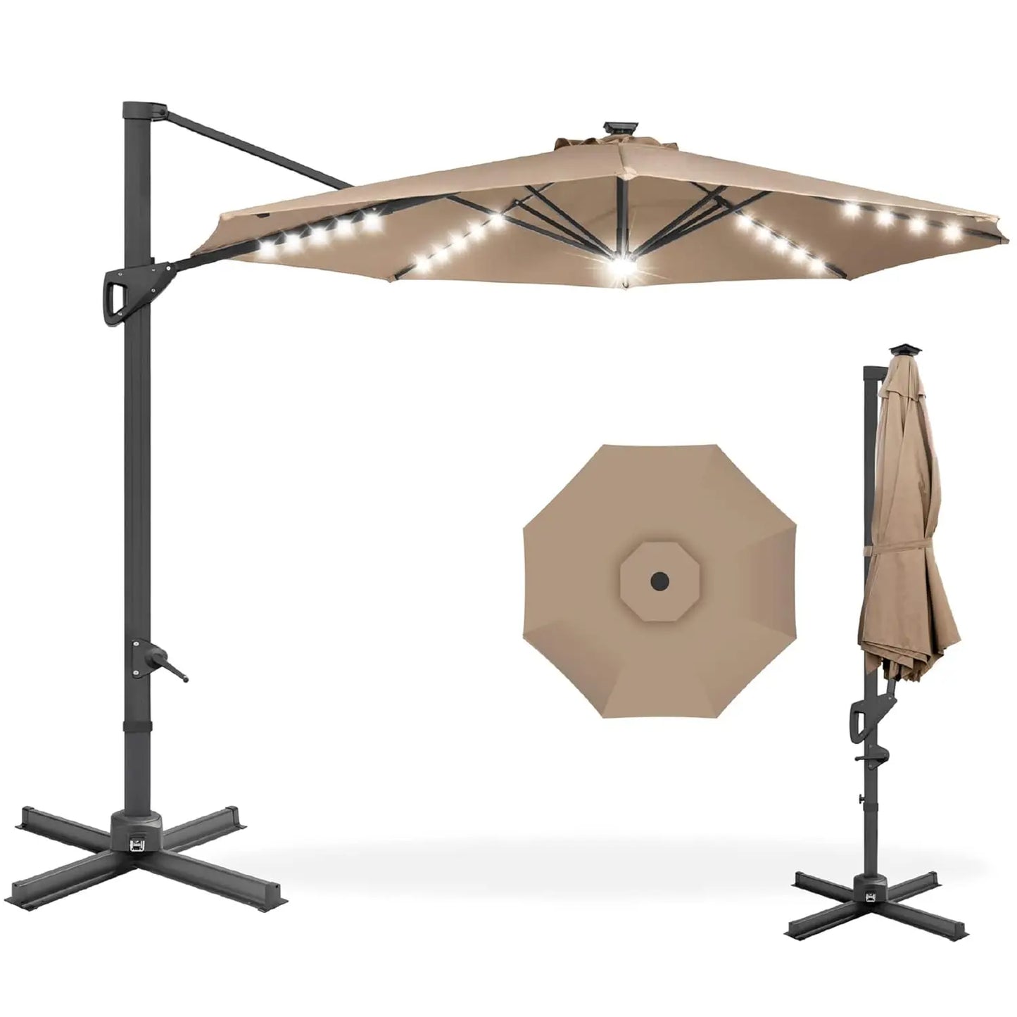 10ft Solar LED Cantilever Patio Umbrella, 360-Degree Rotation Hanging Offset Market Outdoor Sun Shade for Backyard,, Customized