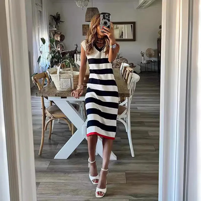 Black White Striped Pullover Dress For Women 2024 Summer New Style Striped V-neck Hem Slit Casual Loose Dress Ladies Vestidos