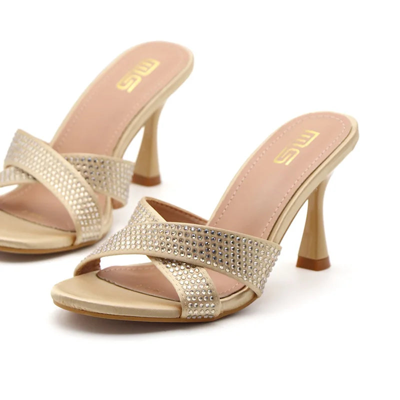 Rhinestone Slippers For Woman 2025 New Elegant Party Shoes Summer Thin High Heeled Slides Fashion Women Sandals Zapatos Mujer