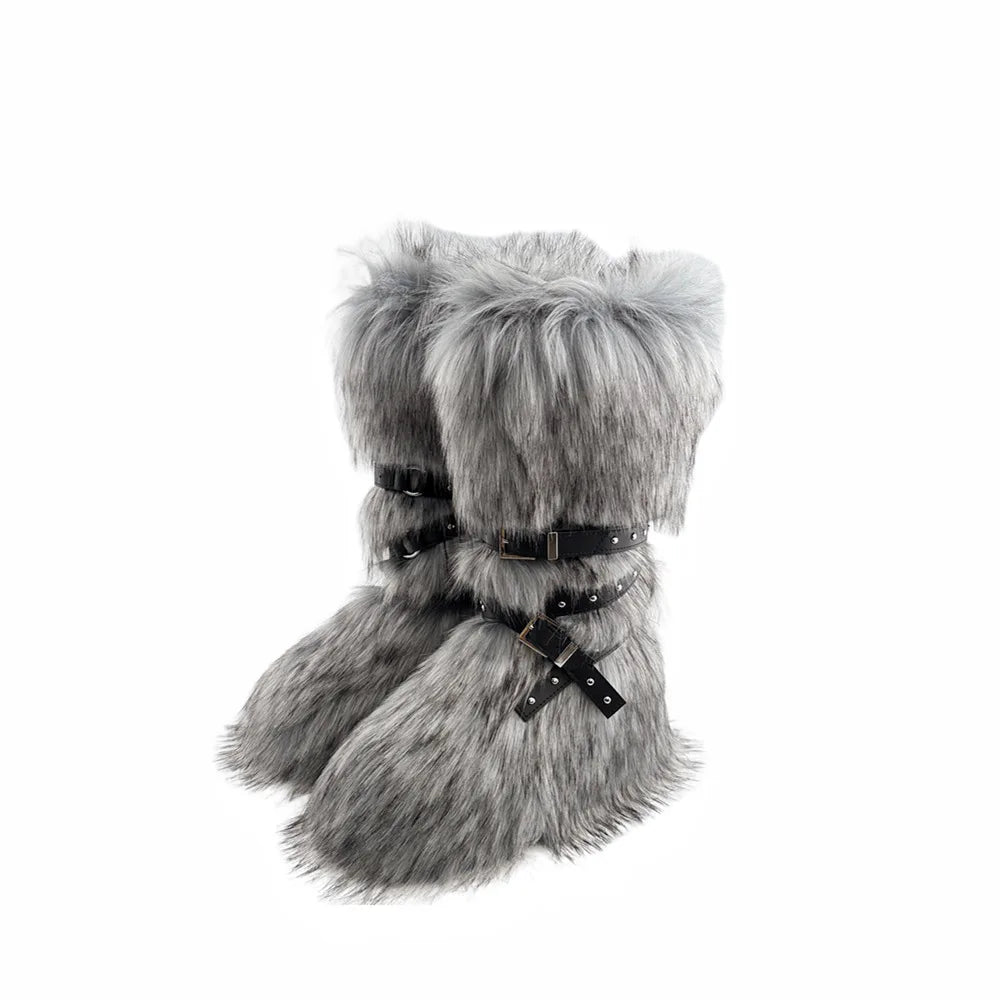 Faux Fur Knee-High Boot Round Toe Height Increasing Wild Winter Warmer Belt Buckle Slip-On Fashion Luxury Sexy Women Shoe Newest