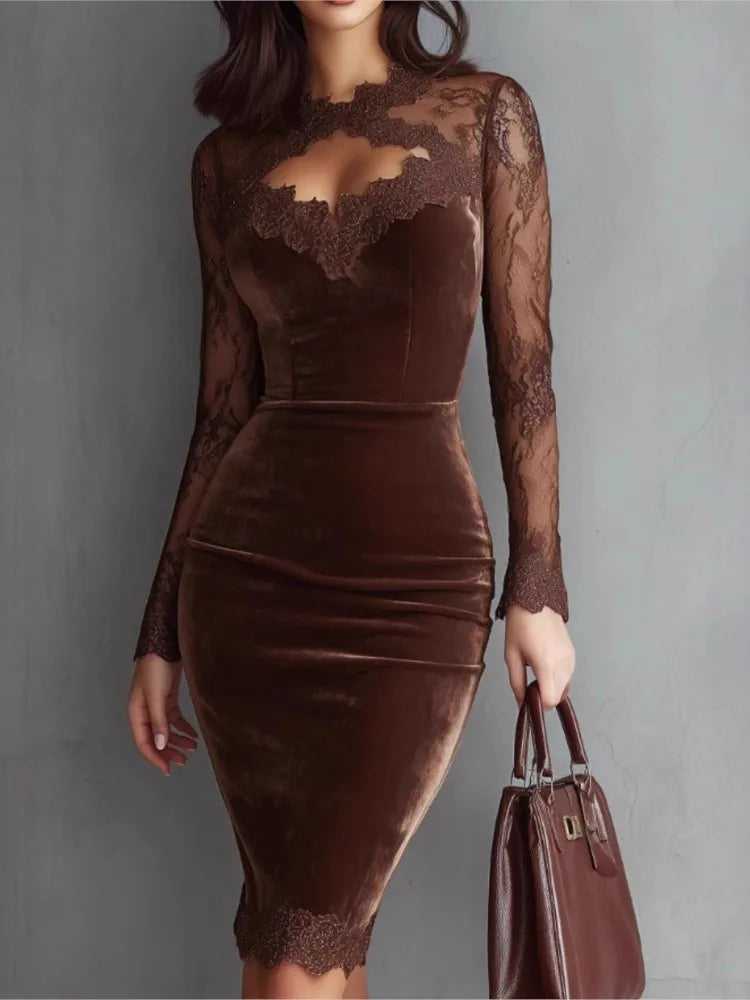 New Sexy Lace See-through Long-sleeved Dress Spring Summer Elegant V-neck Lace Patchwork Waist-covering Hip Dress Robe Femme