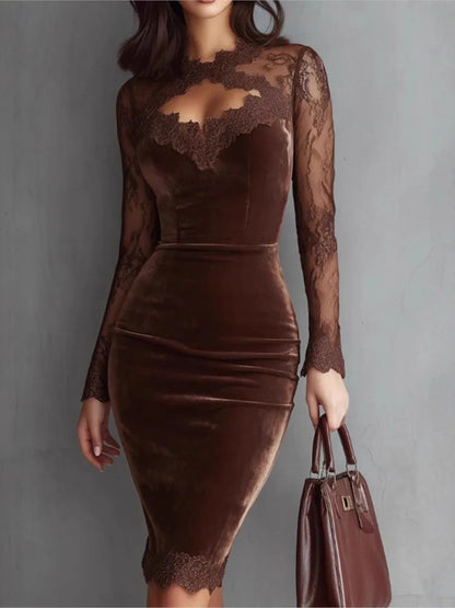 New Sexy Lace See-through Long-sleeved Dress Spring Summer Elegant V-neck Lace Patchwork Waist-covering Hip Dress Robe Femme