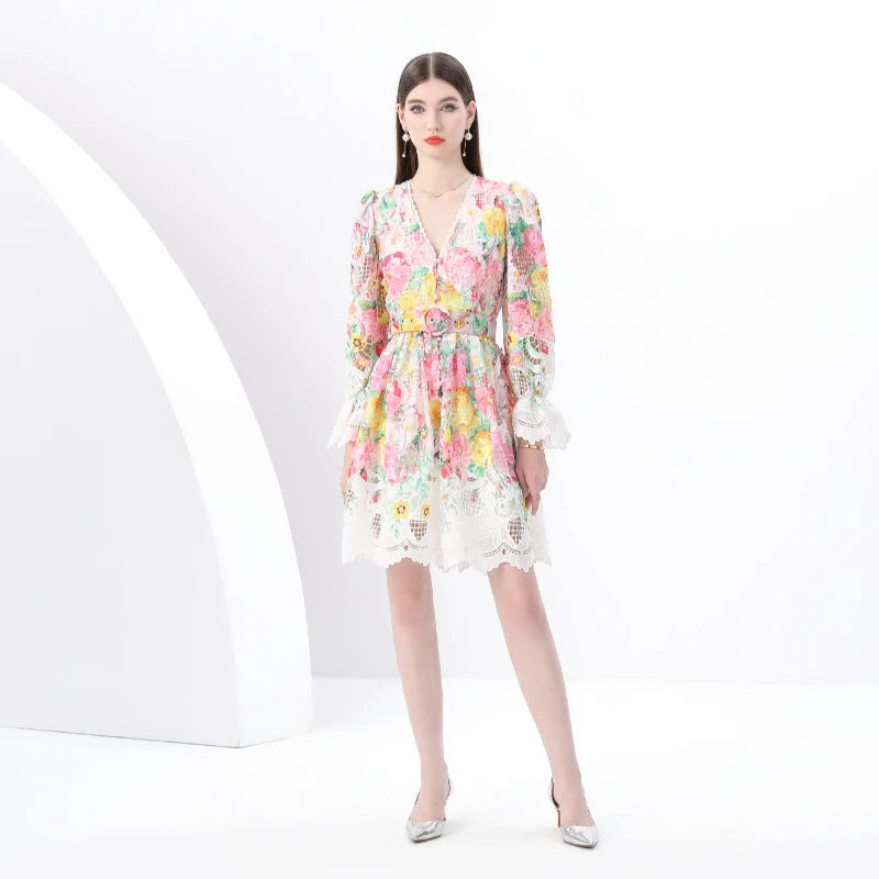 Spring/Summer Retro Single Breasted Mini Dress French Hollow Lace Dress Female Temperament A-line Elegant Shorts Vestidos C18