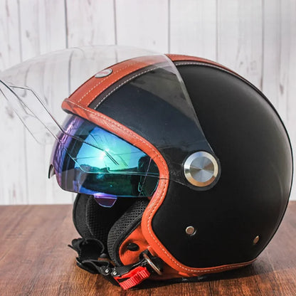 Brown Leather Original DOT ECE 3/4 Open Face Helmet MT Capacete Motorcycle Helmet JET Scooter Bike Half Helmets Cascos Para Moto