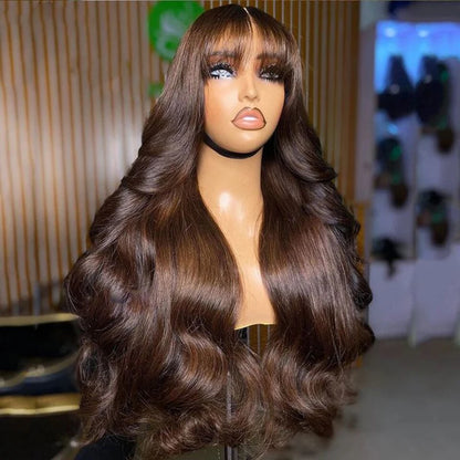 Chocolate Brown 13x6 HD Lace Frontal Human Hair Wig With Bangs Fringe Body Wave Lace Front Wig Colored 4# Cheap Wigs With Bang