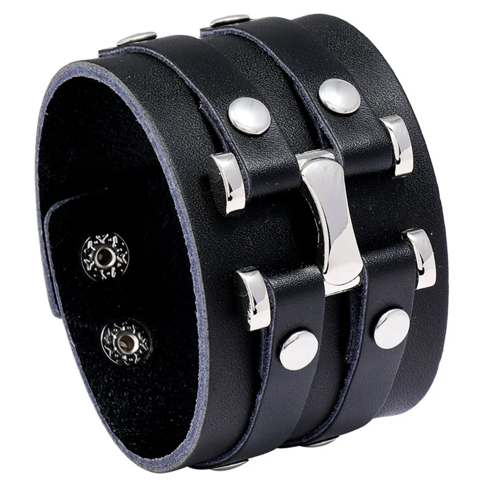 New Vintage Leather Wristband Bracelet Cuff Goth Metal Armbands Concealed Buckle Adjustable Gothic Punk Bracelets Men Jewelry