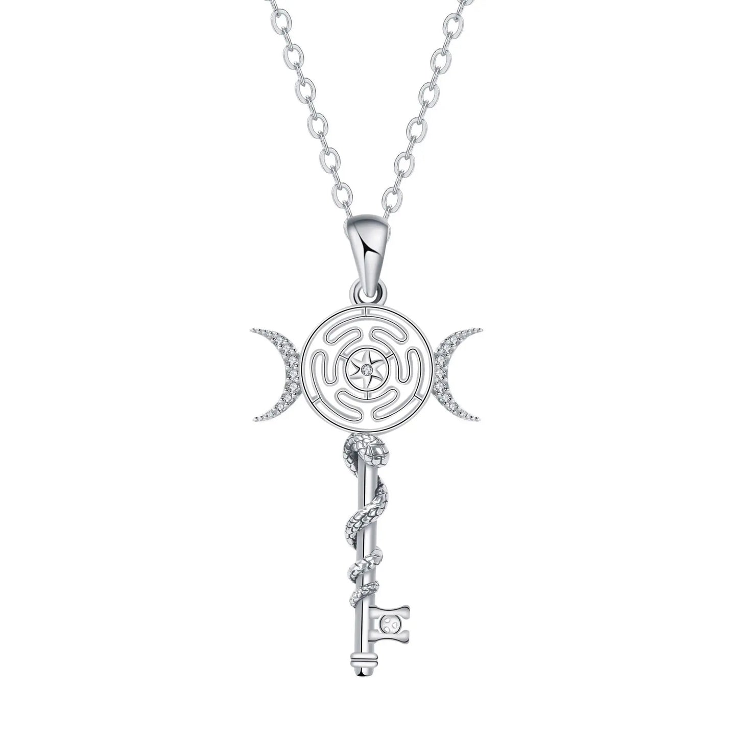 Hekate Wheel Necklace for Women Men 18K Gold Plated Snake Key Triple Moon Goddes Pendant Necklaces Pagan Jewelry