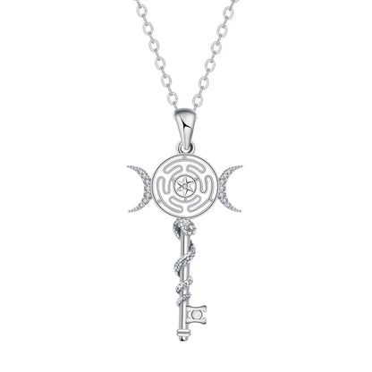 Hekate Wheel Necklace for Women Men 18K Gold Plated Snake Key Triple Moon Goddes Pendant Necklaces Pagan Jewelry