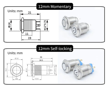 On Off PC Power Metal Waterproof Push Button Switch 12v for Car Ignition Switches Momentary/Latching NC 5V 220V 12 16 19 22 mm