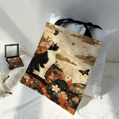 Classic Black And White Cat Tote Bag With Cat Print, Reusable Shoulder Shopping Beach Bag For Women, Durable Casual Carryall