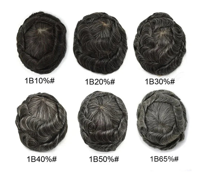 Pwigs 12 Inch Full French Lace Men Toupee 1b80 20% Human Black Hair Mixed with 80% Synthetic Gray European Hair System