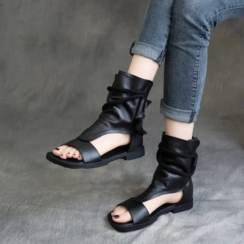 Birkuir High Top Open Toe Sandals For Women Summer Boots Luxury Hollow Out Beach Sandals Genuine Leather Flats Shoes Ladies