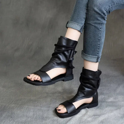 Birkuir High Top Open Toe Sandals For Women Summer Boots Luxury Hollow Out Beach Sandals Genuine Leather Flats Shoes Ladies