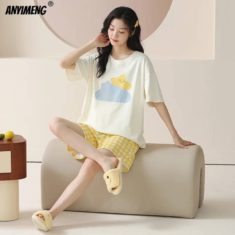 100% Pure Cotton Women Pajamas Summer Cartoon Print Pijamas Girls Nightwear Homewear Short Sleeve Sleepwear O-neck Loungewear