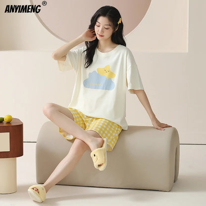 100% Pure Cotton Women Pajamas Summer Cartoon Print Pijamas Girls Nightwear Homewear Short Sleeve Sleepwear O-neck Loungewear