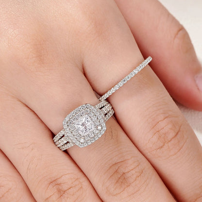 Newshe Luxury 925 Sterling Silver Halo Wedding Ring Set for Women Elegant Yellow Gold Plated Princess Simulated Diamond Rings