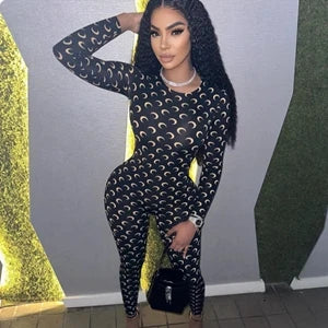 STYLISH LADY Moon Printed Sports Rompers and Jumpsuits 2025 Summer Women Long Sleeve O Neck Bodycon Sexy Club Party Overalls