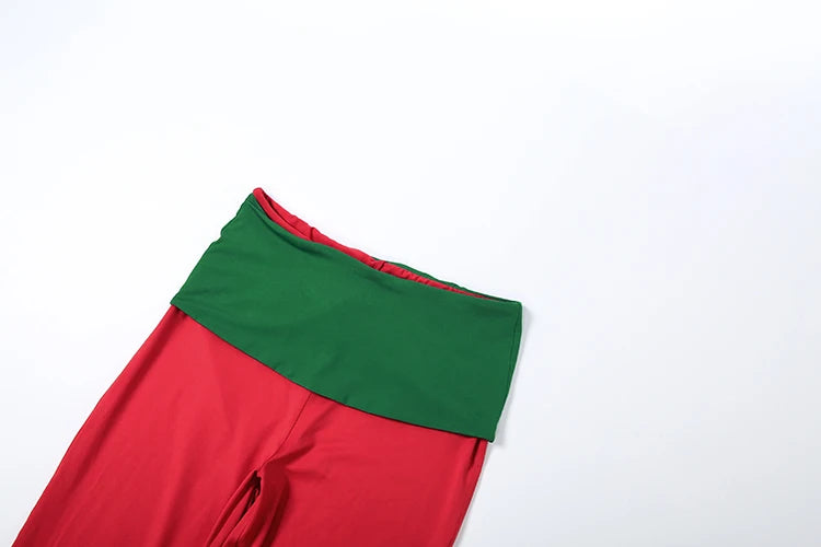 Nibber Christmas Party 2Piece Set Woman Contrast Patchwork o-Neck Full Sleeve Crop Tops+High Waist Long Pant Casual Fashion Suit