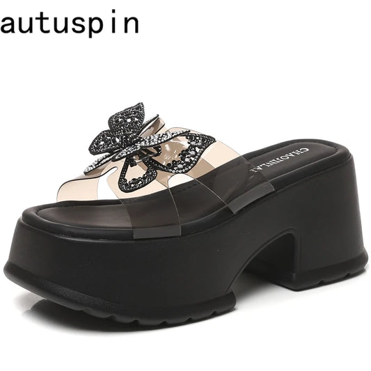 AUTUSPIN 9cm High Thick Heels Women Sandals Summer Sexy Fashion Slides Shoes Crystal Buttetfly PVC Transperant Ladies Shoes