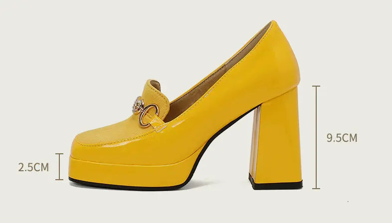 Extra Big Size 49 50 Bright Yellow Metal Crystal Chain Woman's Pumps Spring Fall Shoes Slip-on Loafers Platform Block High Heels