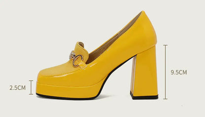 Extra Big Size 49 50 Bright Yellow Metal Crystal Chain Woman's Pumps Spring Fall Shoes Slip-on Loafers Platform Block High Heels