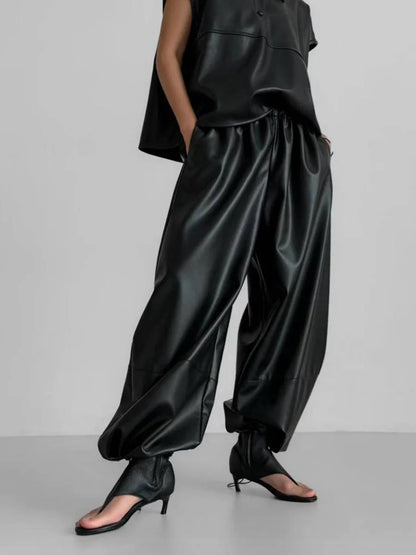 Autumn Women Pu Leather Elastic Waistband Lantern Pants Lady Casual Loose Shiny PU Trousers Trend Fashion Street Long Pants 2025