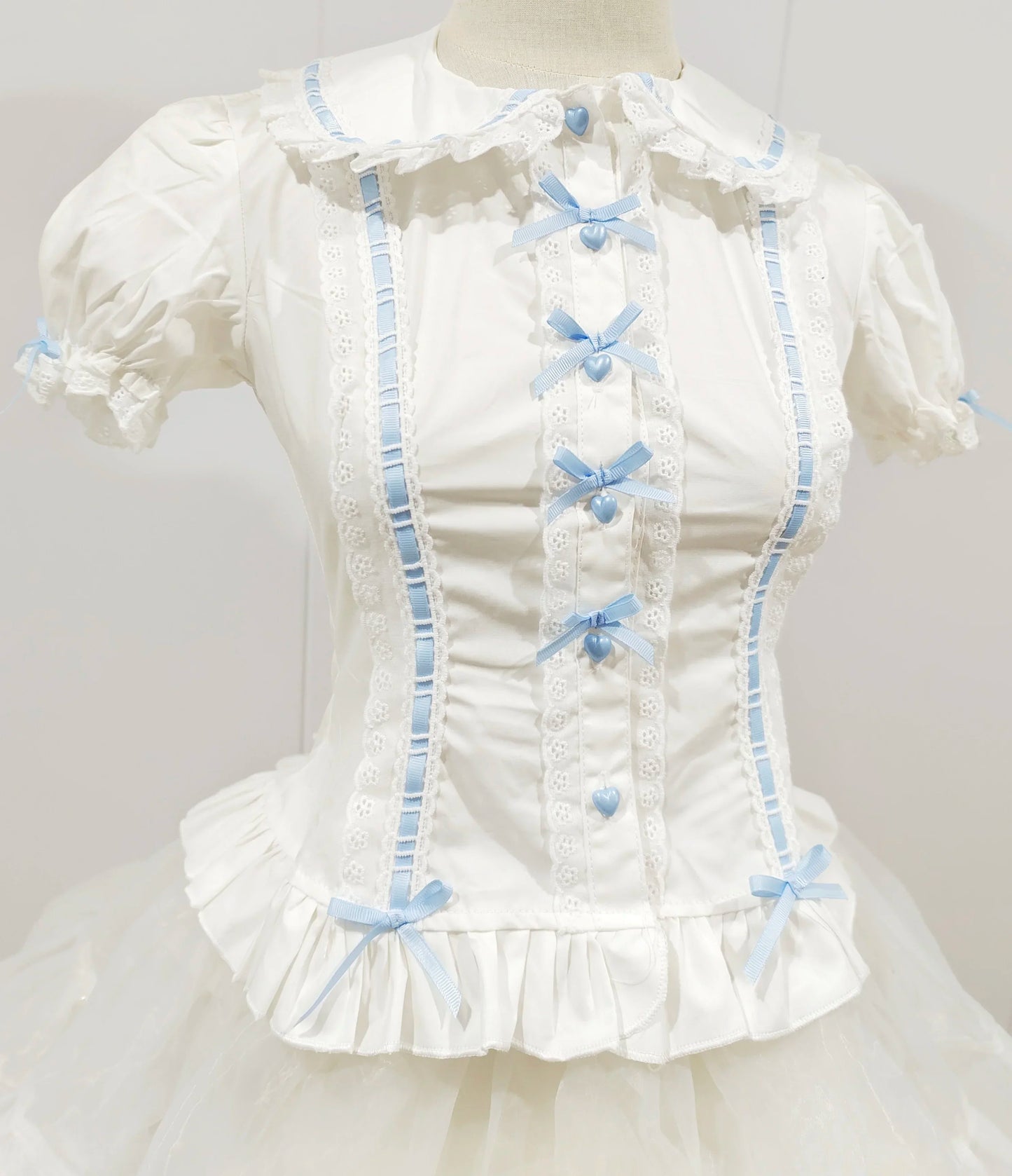 Summer Japanese Lolita Sweet Girls Short-sleeved Tops Women Goth Lace Bow Shirt Single-breasted Blouse Doll Collar Slim Tees New