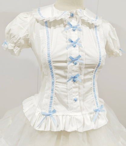 Summer Japanese Lolita Sweet Girls Short-sleeved Tops Women Goth Lace Bow Shirt Single-breasted Blouse Doll Collar Slim Tees New