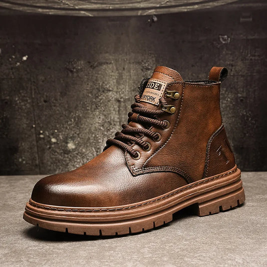 Men's Fashion Work Boots High Top Retro Waterproof Leather Boots Men's Outdoor Non-slip All-match Casual Short Boots Masculinas