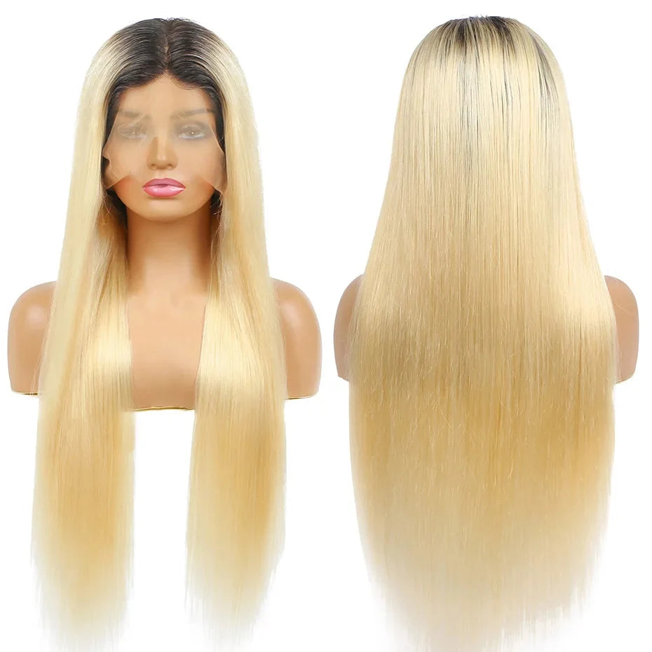 1B 613 Blonde Ombre Human Hair Wigs 13x6 Lace Front Wig Pre Plucked HD Transparent Lace Blond Black Roots Straight 180% Density