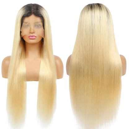 1B 613 Blonde Ombre Human Hair Wigs 13x6 Lace Front Wig Pre Plucked HD Transparent Lace Blond Black Roots Straight 180% Density