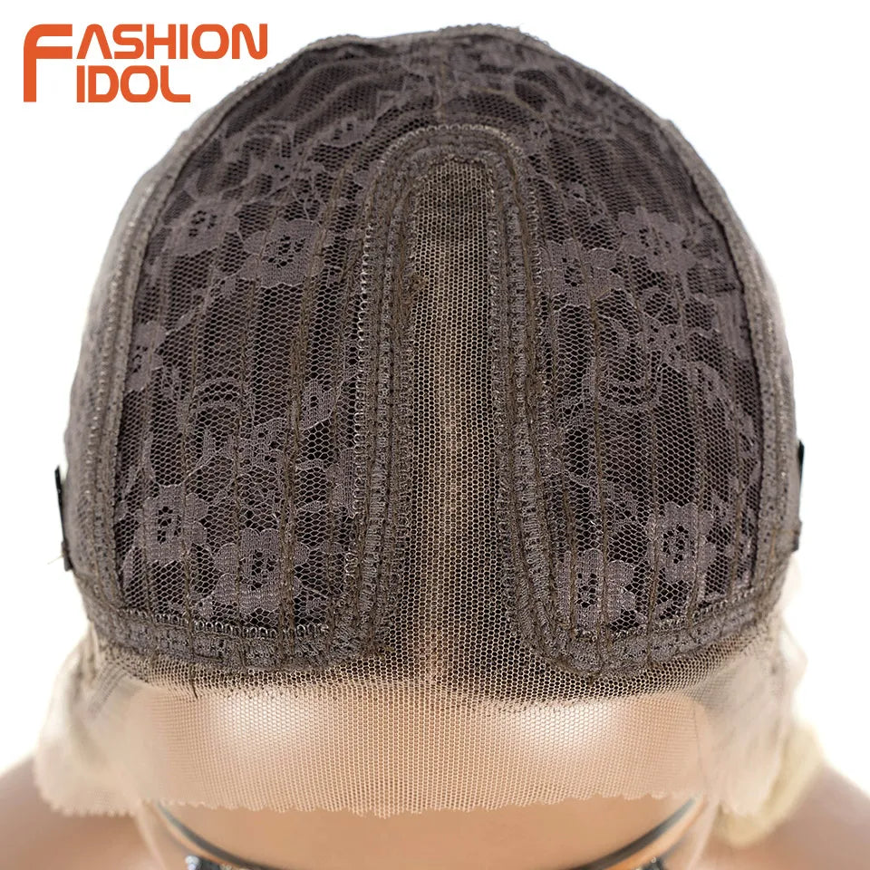 FASHION IDOL 14inch/35cm Short Bob Lace Wigs Synthetic Hair Ombre Brown Grey Wigs For Black Women Heat Resistant Synthetic Wig