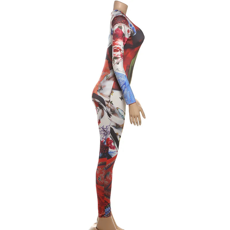SsTss Elegant Printed Jumpsuit Women 2025 Autumn Fashion O Neck Long Sleeve Slim Stretchy Streetwear Casual One Piece Rompers