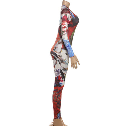 SsTss Elegant Printed Jumpsuit Women 2025 Autumn Fashion O Neck Long Sleeve Slim Stretchy Streetwear Casual One Piece Rompers