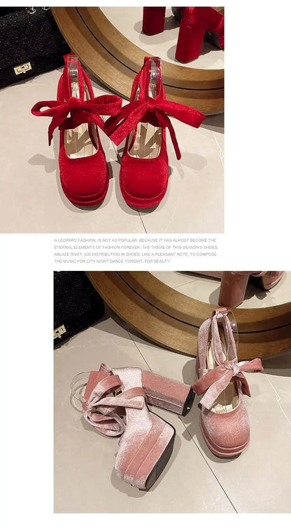 Platform Mary Janes Shoes Women Suede Luxury High Heel Lace Up Trend Lolita Shoes Elegant Chunky Party Pumps Zapatos De Mujer