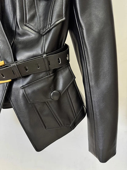 2025 new luxury and fashionable women's clothing belt slim fit leather jacket with multiple pockets motorcycle jacket jacket