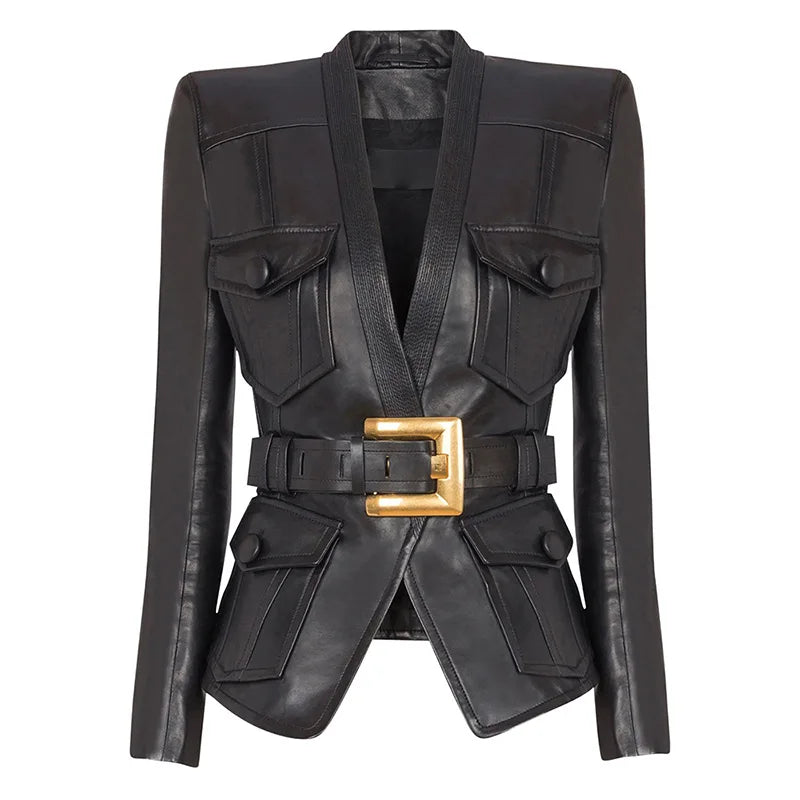 2025 new luxury and fashionable women's clothing belt slim fit leather jacket with multiple pockets motorcycle jacket jacket