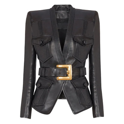 2025 new luxury and fashionable women's clothing belt slim fit leather jacket with multiple pockets motorcycle jacket jacket