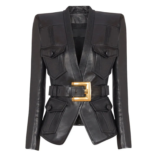 2025 new luxury and fashionable women's clothing belt slim fit leather jacket with multiple pockets motorcycle jacket jacket