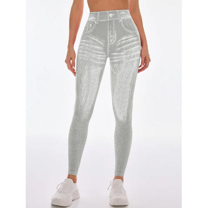  Women Sport Yoga Leggings Faux Jeans Skinny Tight Seamless Fitness Outerdoor Pants