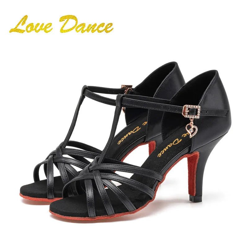 SW Latin Dance Premium Professional Women's Black Dance Shoes with Red Sole for Ballroom, Competition, Rumba & Cha-Cha Practice